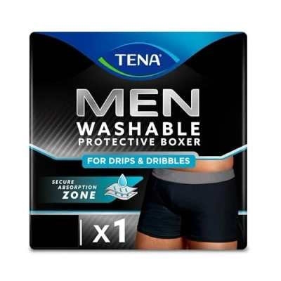 Abbildung von TENA Waschbare Schutzhose für Herren, weiche, bequeme und sichere Boxershorts zum Tropfen, unsichtbarer Schutz, klassischer Schnitt, leichte Absorption, 1 Stück, Schwarz, Größe M