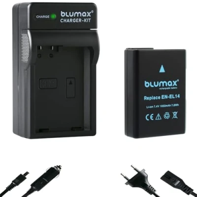 Abbildung von Blumax Akku für Nikon EN EL14 / EL14a 1050mAh + Ladegerät passend zu DF D3100 D3200 D3300 D3400 D5200 D5300 D5400 D5500 Coolpix P7000 P7100 P7700 P7800