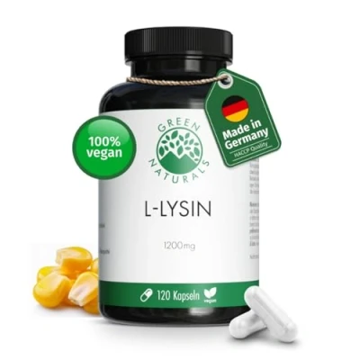 Abbildung von L Lysin Hochdosiert: 1200 mg 120 Kapseln (2 Monate Vorrat) Fermentiert aus Mais 100% natürlich, rein und vegan Apothekenqualität Laborgeprüft in Deutschland Green Naturals®