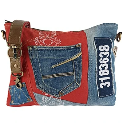 Abbildung von Sunsa Umhängetasche aus recycelte Jeans und rote Canvas. Crossbody Tasche, Vintage Still Used Hose