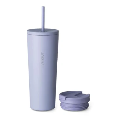 Abbildung von Vinsun Thermobecher Isolierbecher 720ml mit zwei Deckeln, Strohhalm, doppelwandig isoliert, Edelstahl, auslaufsicher, bruchfest, für heiße und kalte Getränke