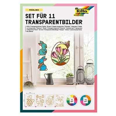Abbildung von folia 23821 Transparent Bilder, im Frühling Design, Set für 11 Transparentbilder, zum Basteln von farbenfrohen Fensterbildern und Anhängern Bäume Sträucher