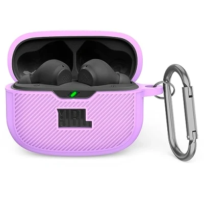 Abbildung von MOWYEOK Silikon Hülle kompatibel mit JBL Vibe Beam/JBL Wave 200TWS, Tragbare Kratz und stoßfeste Silikonhülle, Front LED sichtbar, für Beam Gehäusezubehör, Karabiner Lila