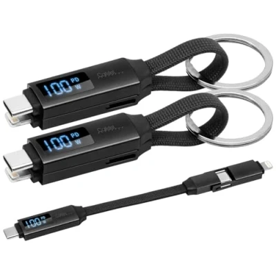 Abbildung von Callstel Kurze Lightning Kabel: 2er Set 3in1 Daten &amp; Schnellladekabel, 100Watt,PD,OTG,USB C,Lightning (USB C Schnellladekabel 100w, Mini Kabel)