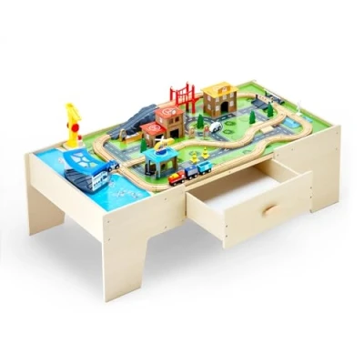 Abbildung von VEVOR Holz Aktivitätstisch 62 teilig 3 in 1 Eisenbahnset für Kinder ab Jahren