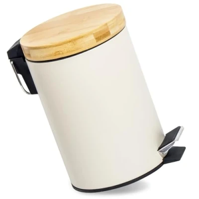 Abbildung von GREELUE 3L Mülleimer Bad mit Holzdeckel, Kosmetikeimer Absenkautomatik (Soft Close), Badezimmer eimer, Abfalleimer (Beige 3L)