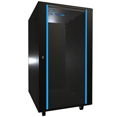 Abbildung von Netzwerkschrank 19 Zoll 22 HE 600x800 freistehend abnehmbare Seitenwände selbstmontierender Rahmen Serverschrank für Switches UPS Server gehärtetes Glas Schwarz Rack
