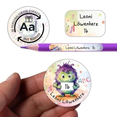 Abbildung von TOBJA Namensaufkleber Kinder Schule personalisiert 36 wasserfeste Sticker mit Namen für Hefte &amp; Permanent haftend Süßes Monster Design Mädchen Jungen
