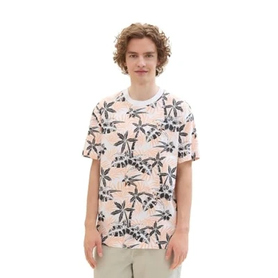 Abbildung von TOM TAILOR Denim Herren T Shirt mit Palmen Muster, 35503 coral grey tropical print, M
