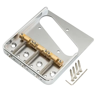 Abbildung von Musiclily Ultra 54mm Kompensiert 3 Messing Saitenreiter Vintage Telecaster Steg Bridge mit Aluminiumplatte für Tele Style E Gitarre, Chrom