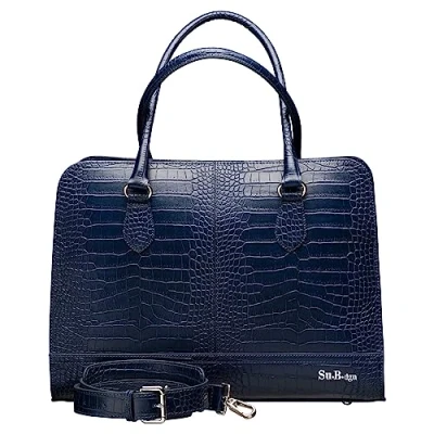 Abbildung von Su.B Laptoptasche 13 Zoll und 14 für Damen, Umhängetasche aus Spaltleder mit Kroko Print, Schulterriemen Kofferband Blau