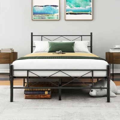 Abbildung von VERFARM Metallbett mit Lattenrost Bettrahmen Kopfteil Einzelbett Gästebett Einzelbettgestell 120 x 200 cm, Schwarz
