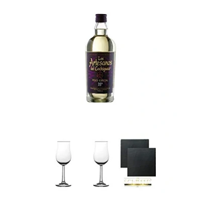 Abbildung von Pisco Los Artesanos del Cochiguaz aus Chile Especial 35% 0,7 Liter + 2 Bugatti Nosing Gläser mit Eichstrich 2cl und 4cl Schiefer Glasuntersetzer eckig ca. 9,5 cm Ø