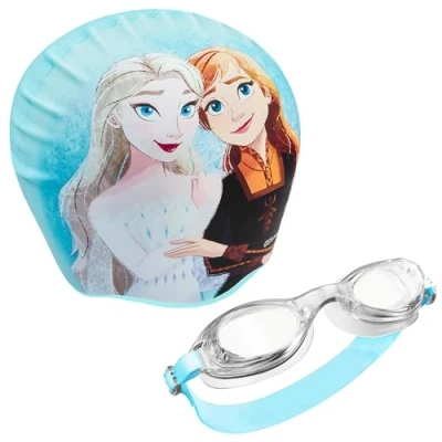 Abbildung von Disney Badekappe &amp; Schwimmbrille Kinder Set, UV Schutz, Anti Beschlag Stitch Sachen für (Blau Eiskönigin, 3 6 Jahre)