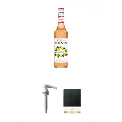Abbildung von Monin Mirabelle Sirup 0,7 Liter + Dosier Pumpe für &amp; 1,0 Literflasche Schiefer Glasuntersetzer eckig ca. 9,5 cm Durchmesser