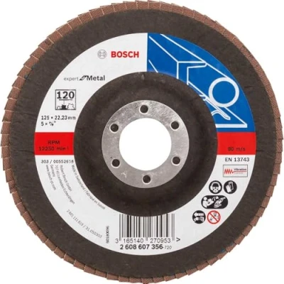 Abbildung von Bosch Accessories Professional Fächerschleifscheibe (für Winkelschleifer verschiedene Materialien, gerade Ausführung, Ø 125 mm, Körnung 120), Schwarz