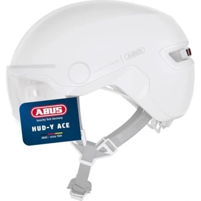 Abbildung von ABUS Stadthelm HUD Y ACE stylischer Fahrradhelm mit Visier und magnetischem, aufladbarem LED Rücklicht für Damen Herren Pure White, Größe L