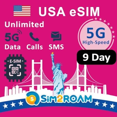 Abbildung von USA Prepaid eSIM KarteUnbegrenzte 5G/4G Daten in den (einschließlich Hawaii)+Low Speed Kanada und MXUnbegrenzte Anrufe SMS zwischen USA, CA MXWiederaufladbar (9 Tage)