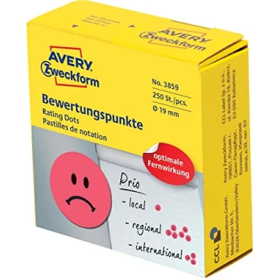 Abbildung von AVERY Zweckform 3859 selbstklebende Klebepunkte 250 Stück (negative Bewertungspunkte auf Rolle im Spender, Ø 19mm, Aufkleber trauriges Gesicht, Sticker zum Abstimmen, Bewerten und Kennzeichnen) rot