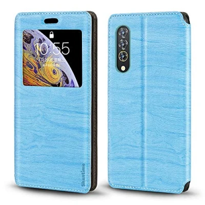 Abbildung von shantime Blackview BL6000 Pro Schutzhülle, Holzmaserung Leder Hülle mit Kartenhalter und Fenster, magnetische Flip Cover für Himmelblau