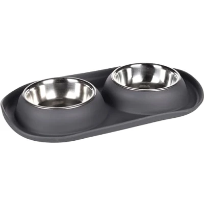 Abbildung von Flamingo Futterbehälter Futter und Trinknapf Duo Dinner Grafa oval dunkelgrau für Katzen, Maße: 34 x 19 cm / Maße Näpfe: 11,5 3,5 8 Fassungsvermögen: 2 200 ml