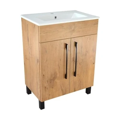 Abbildung von paplinskimoebel Vittoria60 Einbau Waschbecken mit stehendem Unterschrank in Eichenoptik, Gesamtmaße B59,8 x T38,8 H84,4 cm, Türen Soft Close System, Stellfüße aus Aluminium (Keramik)