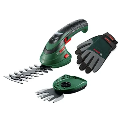 Abbildung von Bosch Akku Grasscheren Set Isio (3,6 Volt, Messerlänge 12 cm, Messerabstand 8 mm, mit XL Gartenhandschuhen inklusive, in Softcase) Amazon Edition