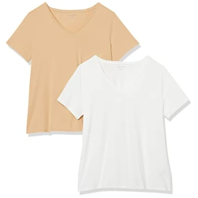 Abbildung von Amazon Essentials Damen T Shirt mit V Ausschnitt und kurzen Ärmeln in Übergröße, 2er Pack, Weiß/Helles Kamelbraun, XL Große Größen