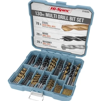 Abbildung von Hi Spec 130 tlg. HSS Titan Bohrer Bit Set in 8 Größen von 1 mm bis 10 mm. Mit Mauerwerks und Brad Point Bits für Metall, Holz, Kunststoff, Ziegel Beton