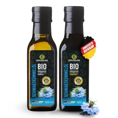 Abbildung von Kräuterland Bio Schwarzkümmelöl Einsteiger Bundle, 100ml GEFILTERT &amp; UNGEFILTERT, Kaltgepresst, 100% Nigella Sativa, ohne Zusatz von Aromen, Frabstoffe Konservierungsstoffe Mühlenfrisch