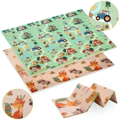 Abbildung von HUMBI Spielmatte Baby, Krabbelmatte, XPE Schaumstoff, Doppelseitig, Flatbar, Wasserdicht, Extra Größe, Teppich Babymatte, Rutschfest, 180x200 cm, Dorf und Wald