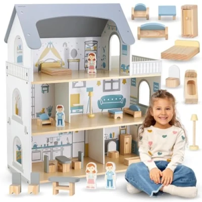 Abbildung von Mamabrum Puppenhaus Großes aus Holz mit Zubehör und Spielfiguren