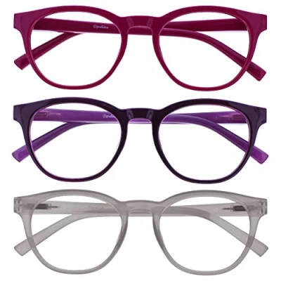Abbildung von Opulize Blu Lesebrille Blaulichtfilter 3er Pack Cool Rund Rahmen Federscharniere Verbessern Den Schlaf Computer Gaming Entspiegelt Rosa Lila Eis Herren Damen BBB5 45C +1.50