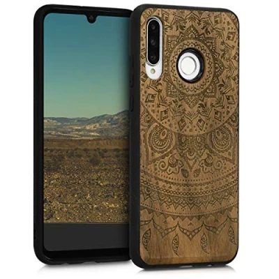 Abbildung von kwmobile Hülle kompatibel mit Huawei P30 Lite Holz Case Handy Cover TPU Handyhülle in Dunkelbraun Indische Sonne