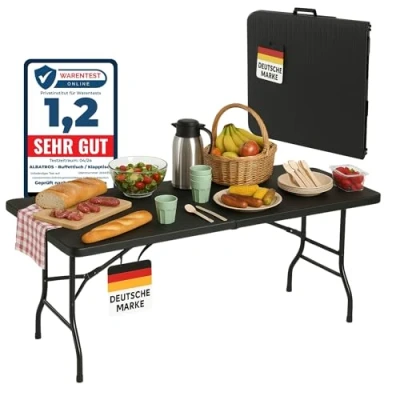 Abbildung von Albatros International Beistelltisch Buffettisch Klapptisch Rattan/Schwarz (für bis zu 10 Personen für Bierzelt mit Tragegriff), robuste Konstruktion klappbar und hohe Tragkraft