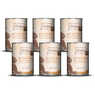 Abbildung von MjAMjAM Premium Nassfutter für Katzen purer Fleischgenuss saftiges Hühnchen pur, 6er Pack (6 x 400g), getreidefrei mit extra viel Fleisch