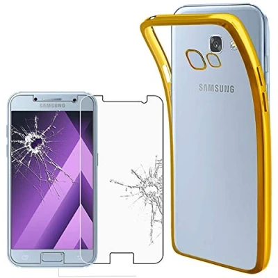 Abbildung von ebestStar Hülle für Samsung Galaxy A3 2017 SM A320F, Silikon Handyhülle Cover, Klar TPU Schutzhülle, Slim Handy Case, Transparent/Gold + Panzer Schutz Glas