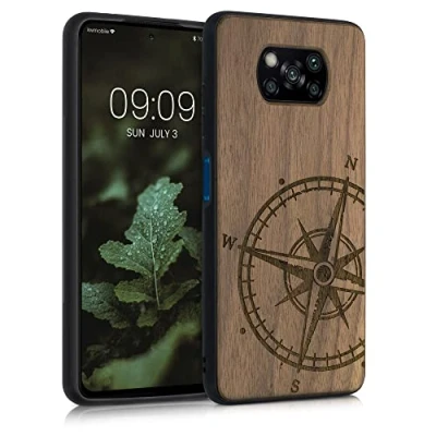 Abbildung von kwmobile Hülle kompatibel mit Xiaomi Poco X3 NFC/Poco Pro Holz Case Handy Cover TPU Handyhülle in Dunkelbraun Kompass Vintage