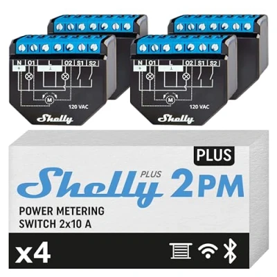 Abbildung von Shelly Plus 2PM 4er Pack Smart Home Doppel Relais Schalter, Digitale Steuerung per kostenloser App &amp; WLAN, Funktioniert mit Alexa Google Home, Garagentore Rollläden steuern