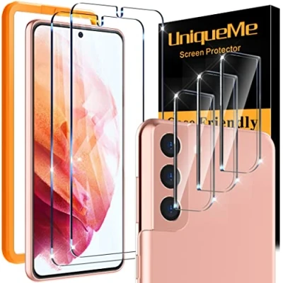 Abbildung von UniqueMe 5 Stück Schutzfolie für Samsung Galaxy S21 5G, Schutzglas mit Positionierhilfe 2 Panzer Schutz Glas und 3 Kameraschutz, 9H Härte, HD Displayschutz, Blasenfrei, Kratzfestigkeit