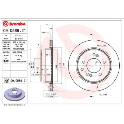 Abbildung von BREMBO 09.D569.21 Bremsscheibe 307 20 5 innenbelüftet beschichtet SSANGYONG: Rodius 2, I