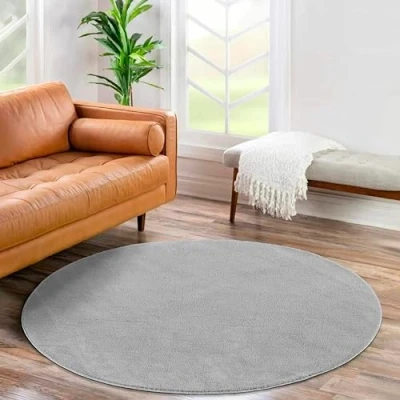 Abbildung von Jimri Flauschiger Teppich Läufer Hochwertige Kurzflor für Zuhause, Büro, Küche, Eingang, Flur, Wohnzimmer Maschinenwaschbar Rutschfester Waschbar 120 cm Rund Silber