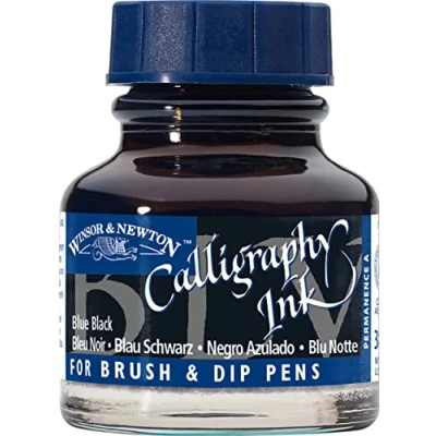 Abbildung von Winsor &amp; Newton 1111034 Kalligraphie Tuschen (für Füllfederhalter oder Schreibfedern, untereinander mischbar, lichtecht, beständige Farbe) 30 ml Flasche blauschwarz
