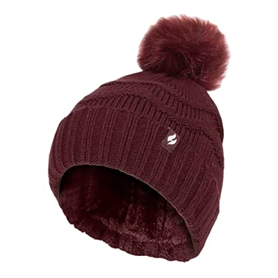 Abbildung von HEAT HOLDERS Damen Winter Pelz Mütze Zickzack gemusterte Bommelmütze mit Thermomanschette für (Einheitsgröße, Wein)
