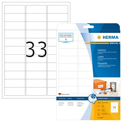 Abbildung von HERMA 8837 Universal Etiketten für Inkjet Drucker, 800 Blatt, 63,5 x 25,4 mm, 33 pro A4 Bogen, 26400 Stück, selbstklebend, bedruckbar, matt blanko Klebeetiketten Aufkleber Tintenstrahldrucker weiß