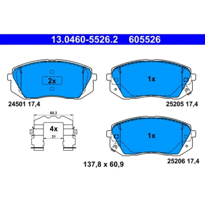 Abbildung von ATE 13.0460 5526.2 Bremsbelagsatz mit akustischer Verschleißwarnung Zubehör HYUNDAI: Tucson, Tucson Box Body / SUV, Kona KIA: Sportage IV