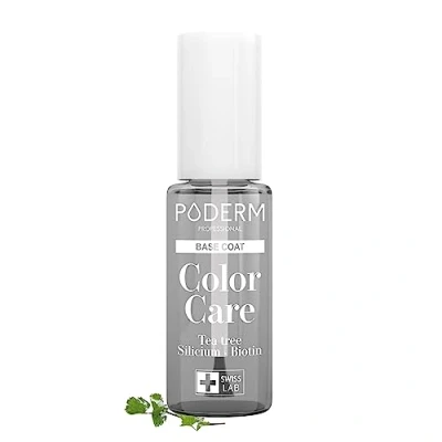 Abbildung von PODERM BASE COAT Schutz Angereichert mit TEEBAUMÖL Sorgt für lange Haltbarkeit der Farben Natürliche &amp; vegane Inhaltsstoffe Swiss Lab