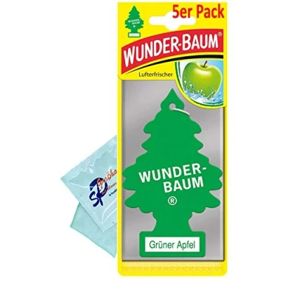 Abbildung von WUNDER BAUM 5 Stück Grüner Apfel Lufterfrischer Duftbaum Wunderbaum Original inkl. 1 x Glasreinigungstuch von SP Großhandel