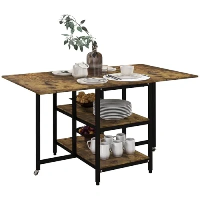 Abbildung von HOMCOM Esstisch Klappbar, Küchentisch mit 2 Ablagen, 140 x 80 cm Klapptisch Rollen, Esszimmertisch für 6 Personen, Küche, Esszimmer, Stahl, Rustikal Braun