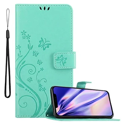 Abbildung von Cadorabo Hülle kompatibel mit Apple iPhone 12 PRO MAX Blumen Design aus Kunst Leder Flip Klappbare Magnetische [Standfunktion] [Kartenfächern] Cover für Tasche in Türkis